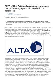 ALTA y UBM Aviation lanzan un evento sobre mantenimiento, reparación y revisión de aerolíneas