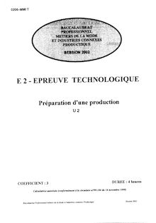Bacpro metiers mode epreuve de technologie preparation d une production 2002