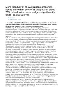 More than half of all Australian companies spend more than 10% of IT budgets on cloud - 70% intend to increase budgets significantly, finds Frost & Sullivan