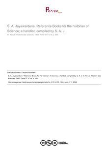 S. A. Jayawardene, Reference Books for the historian of Science; a handlist, compiled by S. A. J.  ; n°3 ; vol.37, pg 350-350