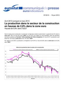 Eurostat : La production dans le secteur de la construction  en hausse de 2,0% dans la zone euro  (Hausse de 0,9% dans l UE27)