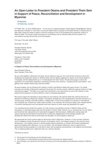 An Open Letter to President Obama and President Thein Sein in Support of Peace, Reconciliation and Development in Myanmar