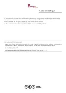 La constitutionnalisation du principe d égalité hommes/femmes en Suisse et le processus de concrétisation - article ; n°1 ; vol.50, pg 67-92
