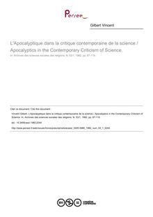 L Apocalyptique dans la critique contemporaine de la science / Apocalyptics in the Contemporary Criticism of Science. - article ; n°1 ; vol.53, pg 87-119