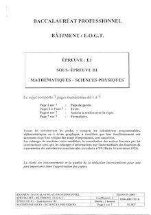 Mathématiques et sciences physiques 2005 Bac Pro - Bâtiment : étude de prix organisation et gestion des travaux