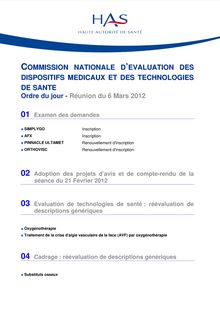 CNEDiMTS - Commission du 06 mars 2012 - Ordre du jour CNEDiMTS du 6 Mars 2012