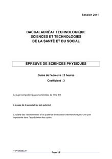 BACCALAURÉAT TECHNOLOGIQUE SCIENCES ET TECHNOLOGIES DE LA SANTÉ ET DU SOCIAL (Session 2011) - ÉPREUVE DE SCIENCES PHYSIQUES