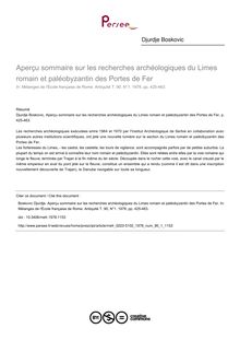 Aperçu sommaire sur les recherches archéologiques du Limes romain et paléobyzantin des Portes de Fer - article ; n°1 ; vol.90, pg 425-463