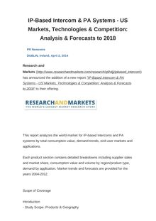 IP-Based Intercom & PA Systems - US Markets, Technologies & Competition: Analysis & Forecasts to 2018
