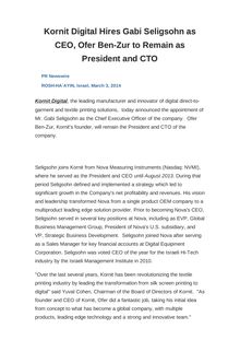 Kornit Digital Hires Gabi Seligsohn as CEO, Ofer Ben-Zur to Remain as President and CTO