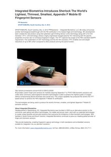 Integrated Biometrics Introduces Sherlock The World s Lightest, Thinnest, Smallest, Appendix F Mobile ID Fingerprint Sensors