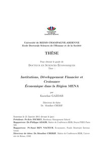 Institutions, développement financier et croissance économique dans la région MENA, Institutions, financial development and economic growth in MENA region
