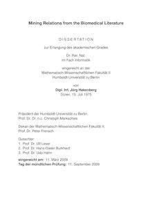 Mining relations from the biomedical literature [Elektronische Ressource] / von Jörg Hakenberg