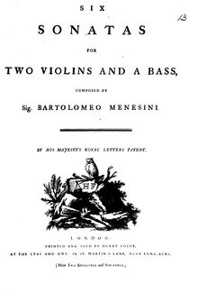 Partition violon 1 & 2, Basso parties, 6 Trio sonates, Menesini, Bartolomeo