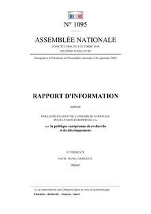 Rapport d information déposé par la Délégation de l Assemblée nationale pour l Union européenne sur la politique de recherche et de développement