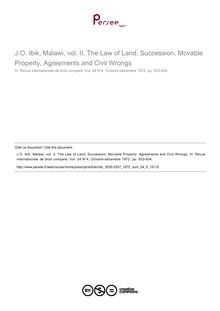 J.O. Ibik, Malawi, vol. II, The Law of Land, Succession, Movable Property, Agreements and Civil Wrongs - note biblio ; n°4 ; vol.24, pg 933-934