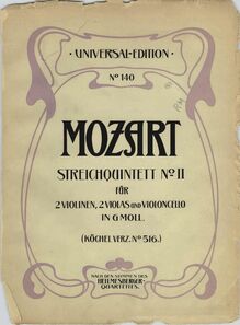 Partition couverture couleur, corde quintette No.4, G minor, Mozart, Wolfgang Amadeus