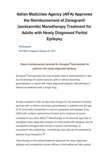 Italian Medicines Agency (AIFA) Approves the Reimbursement of Zonegran® (zonisamide) Monotherapy Treatment for Adults with Newly Diagnosed Partial Epilepsy