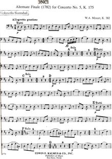 Partition violoncelles / Basses, Rondo, Concert Rondo ; Piano Concerto No.28, K.382 ; Allegetto grazioso