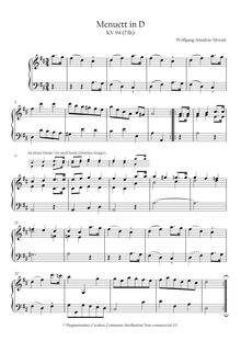 Partition complète, Minuet, D major, Mozart, Wolfgang Amadeus