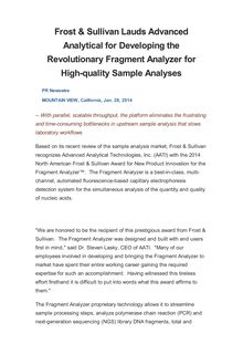 Frost & Sullivan Lauds Advanced Analytical for Developing the Revolutionary Fragment Analyzer for High-quality Sample Analyses