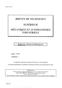 Sciences physiques 2007 BTS Mécanique et automatismes industriels
