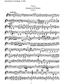 Partition violon 2, corde quintette No.5, D major, Mozart, Wolfgang Amadeus
