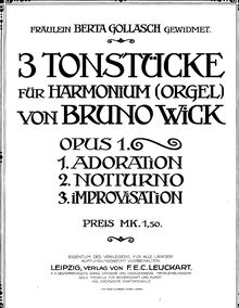 Partition complète, 3 Tonstücke, Op.1, 3 Tonstücke : für Harmonium (Orgel) (Adoration, Notturno, Improvisation)