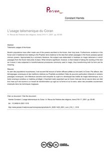 L usage talismanique du Coran - article ; n°1 ; vol.218, pg 83-95