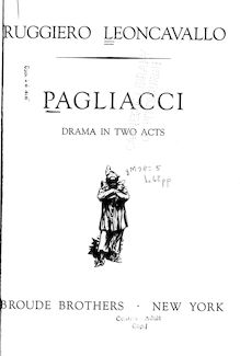 Partition Introduction et Prologue, Pagliacci, Dramma in due atti