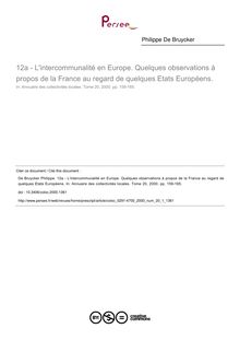 L intercommunalité en Europe. Quelques observations à propos de la France au regard de quelques Etats Européens. - article ; n°1 ; vol.20, pg 159-165