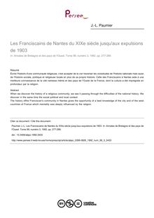 Les Franciscains de Nantes du XIXe siècle jusqu aux expulsions de 1903 - article ; n°3 ; vol.99, pg 277-289