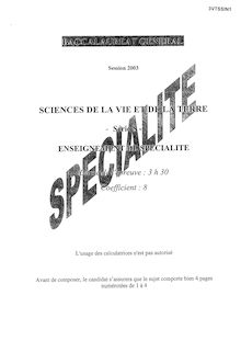 Baccalaureat 2003 sciences de la vie et de la terre (svt) specialite scientifique pondichery