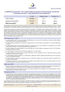 Sanofi : Le BNPA des activités du T1 2013 reflète les pertes d’exclusivité de l’an dernier - Croissance de 8,6% des plateformes