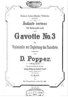 Partition violoncelle et partition de piano, solo , partie, Praludium et Gavotte No.3 Op.27