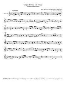 Partition Descant enregistrement  1-2, 6 sonates pour orgue, Mendelssohn, Felix
