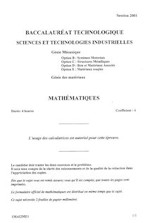 Baccalaureat 2001 mathematiques s.t.i (genie des materiaux)