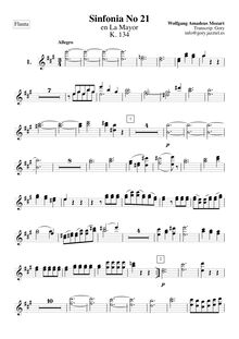 Partition flûte 1/2, Symphony No.21, A major, Mozart, Wolfgang Amadeus
