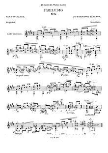 Partition complète, Prelude No.5, E major, Tárrega, Francisco
