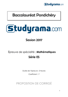 Corrigé Bac ES 2017 Pondichéry - Maths spécialité 