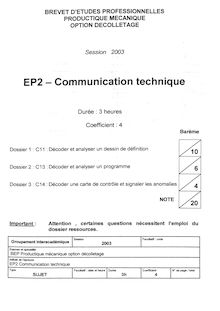 Communication technique 2003 Décolletage BEP - Productique mécanique
