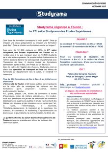 Studyrama organise le 27e salon des Études Supérieures à Toulon, les 17 et 18 novembre 2017
