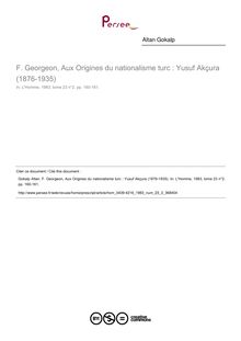 F. Georgeon, Aux Origines du nationalisme turc : Yusuf Akçura (1876-1935)  ; n°2 ; vol.23, pg 160-161
