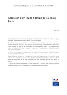Communiqué de Manuel Valls : Agression de Clément Méric par un groupe de skinheads appartenant au mouvement Jeune Nationaliste Révolutionnaire