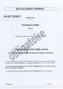 Sujet du bac serie S 2012: Physique chimie épreuve obligatoire