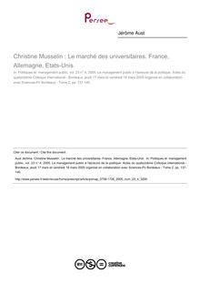 Christine Musselin : Le marché des universitaires. France, Allemagne, Etats-Unis   ; n°4 ; vol.23, pg 137-140