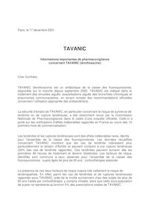Informations importantes de pharmacovigilance concernant TAVANIC lévofloxacine 17/12/2001  9 ko