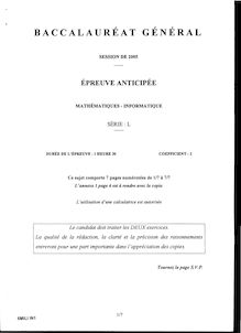 Baccalauréat Général (Session 2005) - Série: L - Epreuve Enticipée:  Mathématiques- Informatique  5MILIIN1