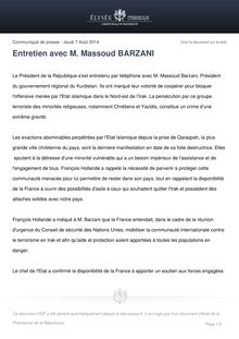 Irak - Entretien de François Hollande avec M. Massoud Barzani