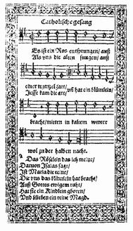 Partition Hymn tune, unharmonised, en White Mensural notation avec seulement pour first two stanzas of pour German text., Es ist ein Ros entsprungen